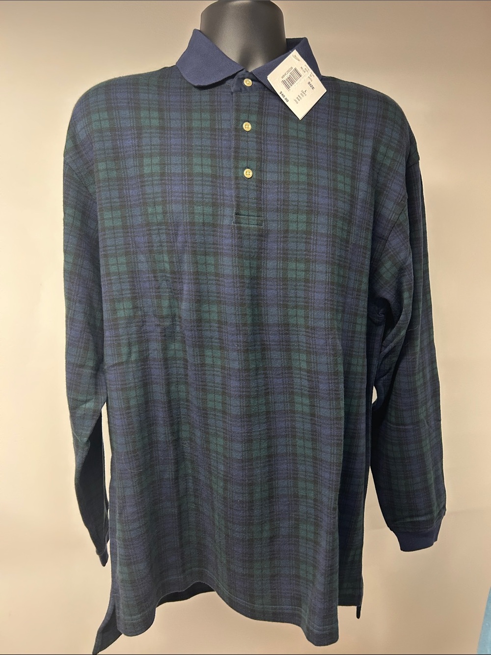 NWT Roundtree & Yorke Black Watch Plaid Long Sleeve Polo Shirt